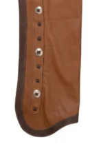 Chestnut Leather Batwing Chaps with Dark Brown Trim and Western Conchos Details View