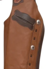 Chestnut Leather Batwing Chaps with Dark Brown Trim and Western Conchos Pocket View