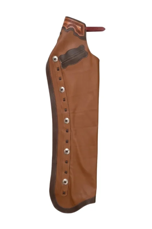 Chestnut Leather Batwing Chaps with Dark Brown Trim and Western Conchos Side View