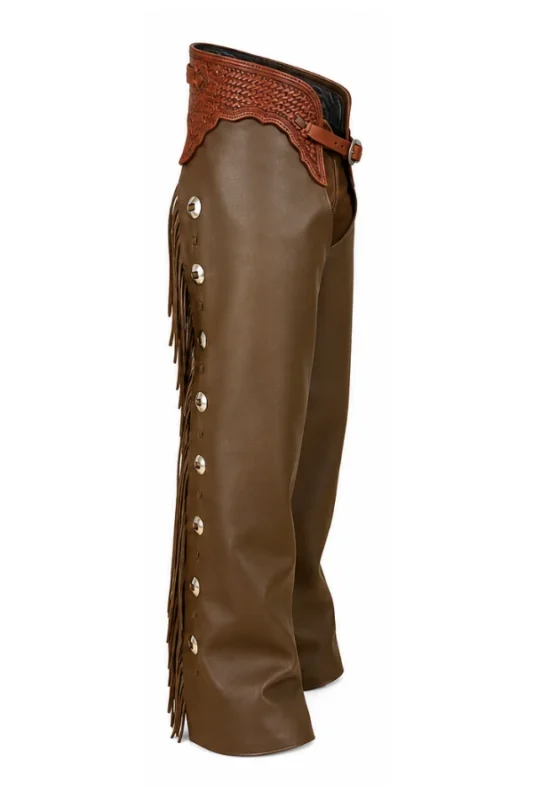 Classic Brown Leather Shotgun Chaps Side View