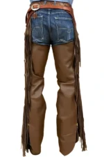Brown Leather Shotgun Chaps Worn with Western Outfit Back