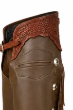 Classic Brown Leather Shotgun Chaps Yoke View