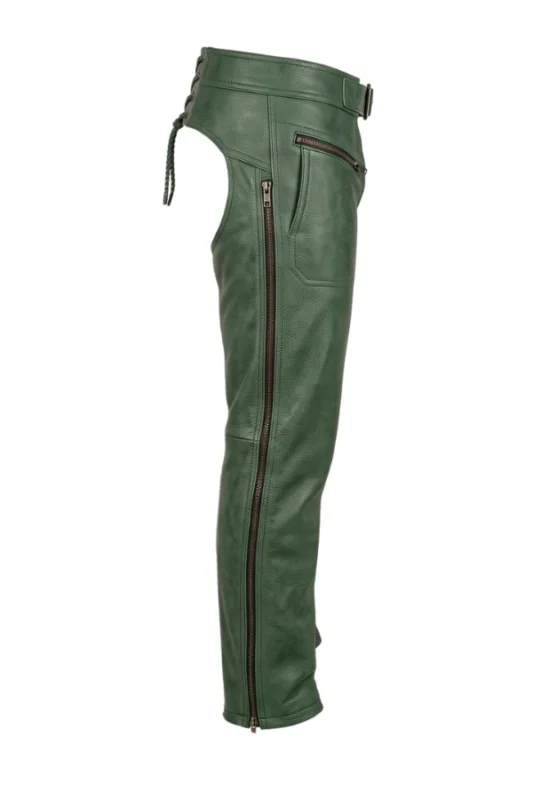 Classic Green Leather Motorcycle Chaps Side View