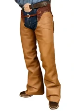 Tan Leather Fringe Shotgun Chaps Worn with Western Outfit