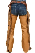 Tan Leather Fringe Shotgun Chaps Worn Back with Western Outfit