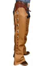 Tan Leather Fringe Shotgun Chaps Worn side with Western Outfit