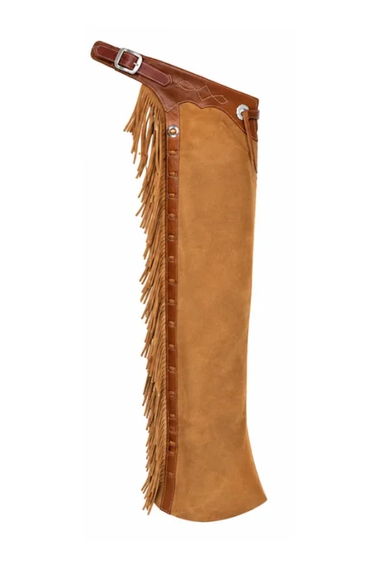 Classic Tan Suede Fringe Shotgun Chaps Side View