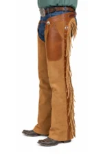 Tan Suede Fringe Shotgun Chaps Worn with Western Outfit