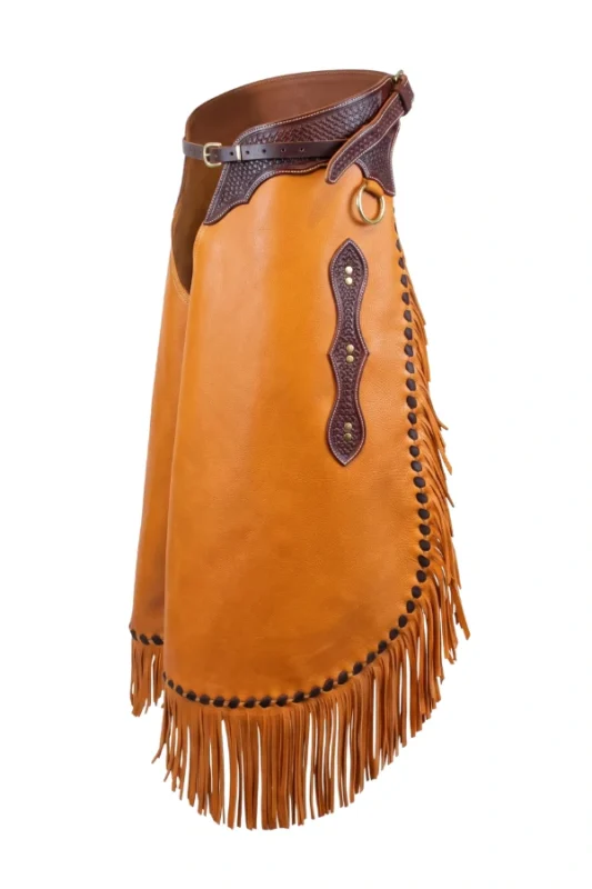 Copper Mesa Leather Chink Chaps with Basketweave Yoke and Long Fringe