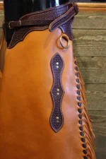 Copper Mesa Leather Chink Chaps with Basketweave Yoke and Long Fringe Details View