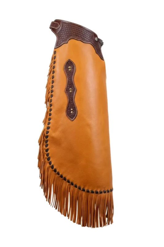 Copper Mesa Golden Tan Leather Chink Chaps with Studded Edge Detailing Side View