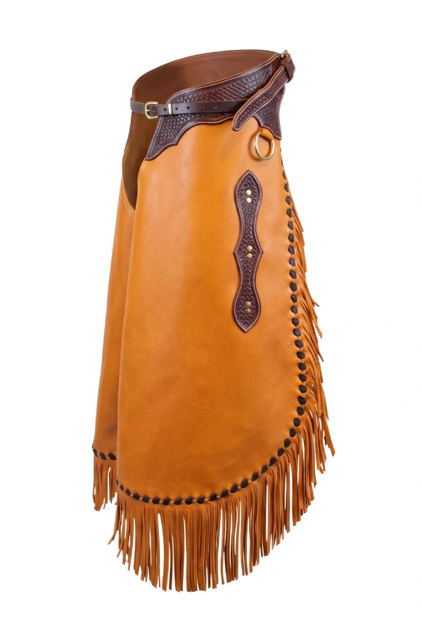 copper-mesa-leather-chink-chaps-basketweave-yoke Copper Mesa Leather Chink Chaps with Basketweave Yoke and Long Fringe