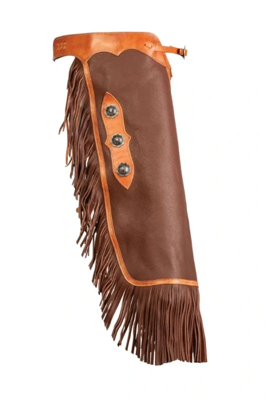 Copper Ridge Leather Chink Chaps with Floral Conchos and Fringe Side View