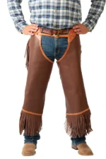 Copper Ridge Leather Chink Chaps with Floral Conchos and Fringe Worn View