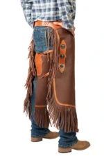 Copper Ridge Leather Chink Chaps with Floral Conchos and Fringe Worn Back View