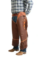 Copper Ridge Leather Chink Chaps with Floral Conchos and Fringe Worn Side View