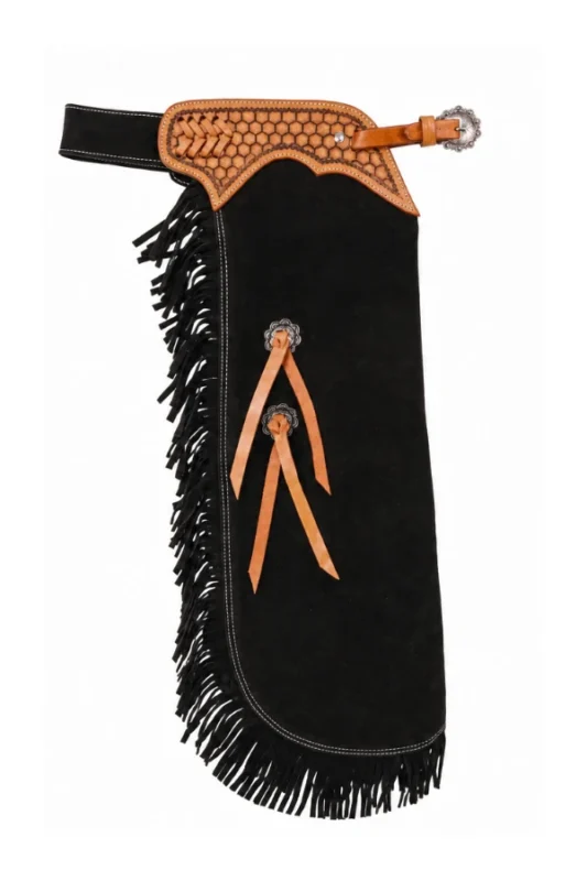 Coppercrest Black Youth Western Chaps with Fringe Side View