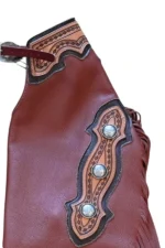 Crimson Crest Burgundy Leather Chink Chaps with Tooled Yoke and Conchos Details View