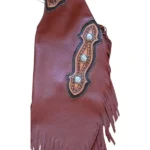 Crimson Crest Burgundy Leather Chink Chaps with Tooled Yoke and Conchos