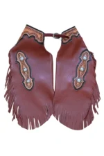 Crimson Crest Burgundy Leather Chink Chaps Pair with Long Fringe