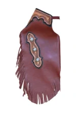 Crimson Crest Leather Chink Chaps with Tooled Side Panel and Silver Conchos
