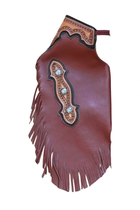 Crimson Crest Leather Chink Chaps with Tooled Side Panel and Silver Conchos