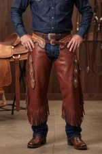 Crimson Crest Burgundy Leather Chink Chaps with Tooled Yoke and Conchos Worn View