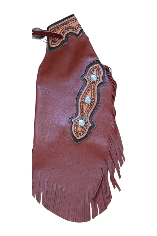 crimson-crest-leather-chink-chaps-tooled-yoke Crimson Crest Burgundy Leather Chink Chaps with Tooled Yoke and Conchos
