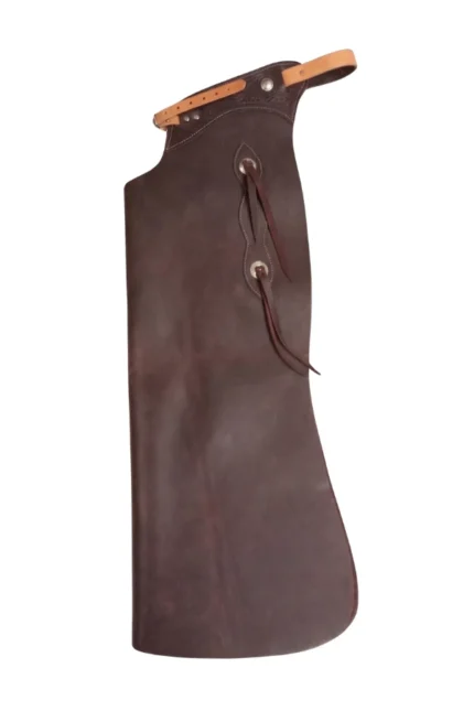 Dark Brown Leather Batwing Chaps with Tan Adjustable Waist Strap