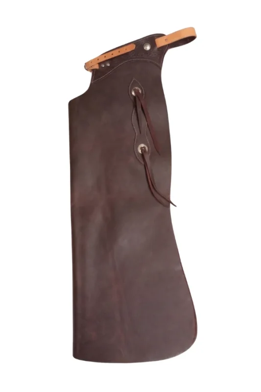 Dark Brown Leather Batwing Chaps with Tan Adjustable Waist Strap