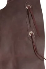 Dark Brown Leather Batwing Chaps with Tan Adjustable Waist Strap Details View