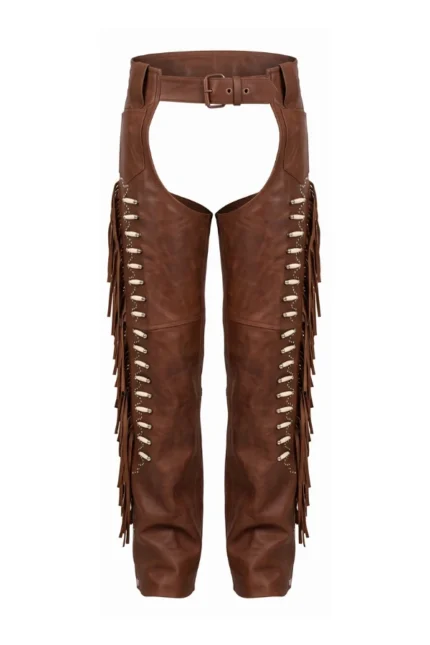 Desert Beaded Fringe Women's Brown Leather Motorcycle Chaps
