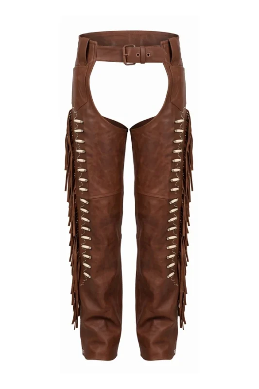 Desert Beaded Fringe Women's Brown Leather Motorcycle Chaps
