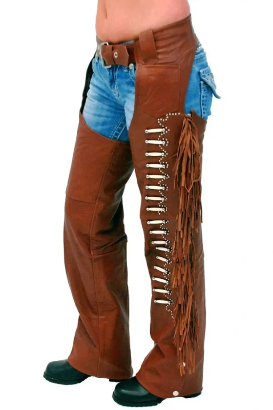 Desert Beaded Fringe Women's Brown Leather Motorcycle Chaps Worn View