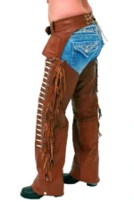 Desert Beaded Fringe Women's Brown Leather Motorcycle Chaps Worn Back View