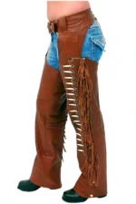 Desert Beaded Fringe Women's Brown Leather Motorcycle Chaps Worn Side View