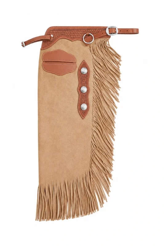 Desert Rose Suede Chink Chaps with Basketweave Yoke and Long Fringe