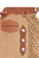 Desert Rose Suede Chink Chaps with Basketweave Yoke and Long Fringe Details View
