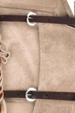 Desert Rose Suede Chink Chaps with Basketweave Yoke and Long Fringe Hooks View