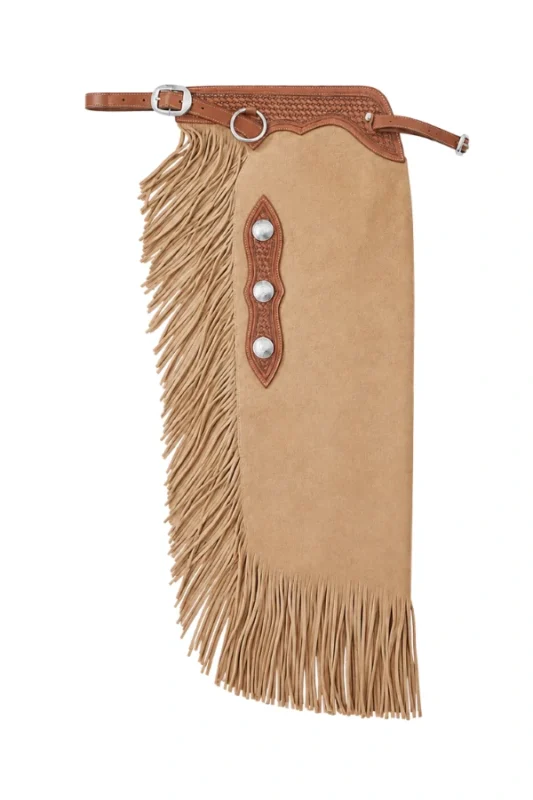 Desert Rose Suede Chink Chaps with Basketweave Yoke and Long Fringe Side View