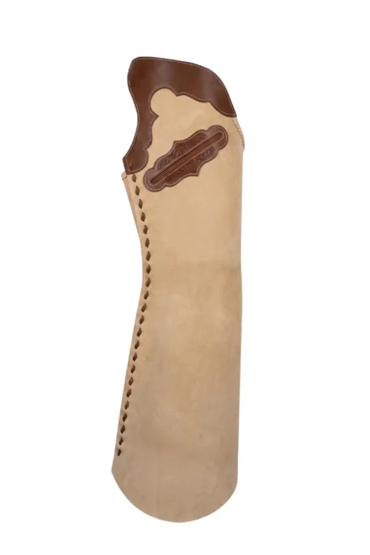 Desert Sand Western Batwing Chaps with Tooled Leather Yoke Side View