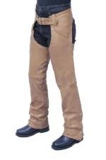 Desert Trail Distressed Brown Leather Motorcycle Chaps Worn by Male Rider