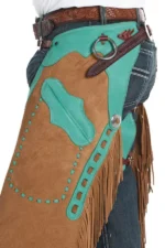 Desert Turquoise Suede Chink Chaps with Western Leather Accents Side View