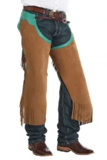 Desert Turquoise Suede Chink Chaps with Western Leather Accents Worn View
