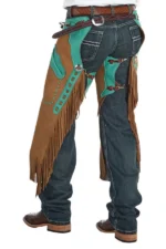 Desert Turquoise Suede Chink Chaps with Western Leather Accents Worn Back View