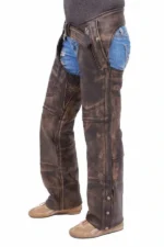 distressed brown winter leather motorcycle chaps detail