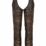 distressed brown winter leather motorcycle chaps front
