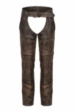 distressed brown winter leather motorcycle chaps front