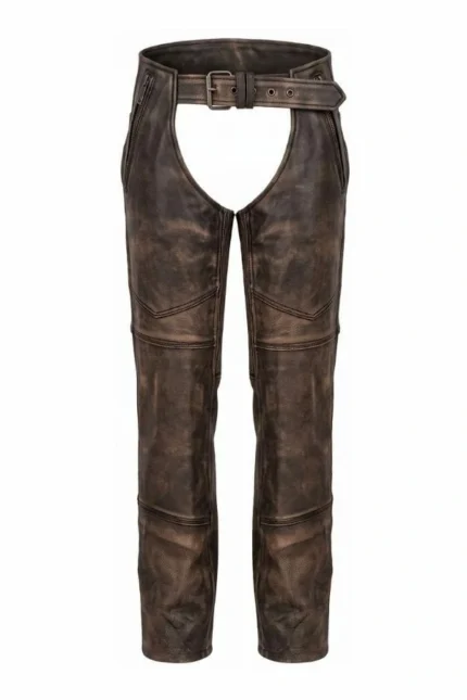 distressed brown winter leather motorcycle chaps front