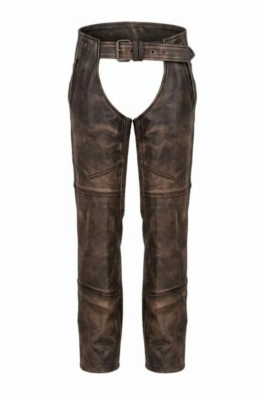 distressed brown winter leather motorcycle chaps front